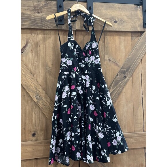 HELL BUNNY Melissa Halter Mini 50s Black Floral Rockabilly Pin Up Dress Sz S - Picture 3 of 5